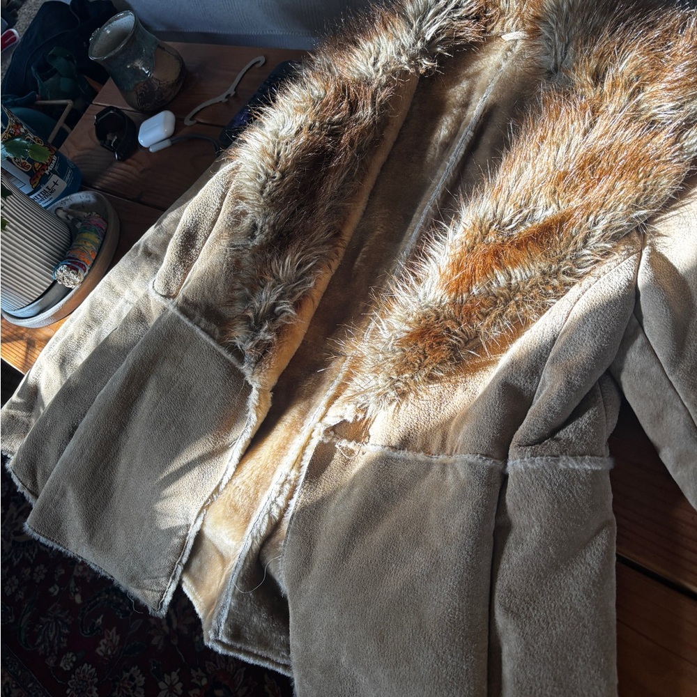 Women's Tan Faux Fur Trim Coat